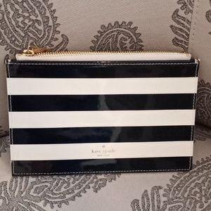 Kate Spade black and white striped patented leather zippered small tote bag